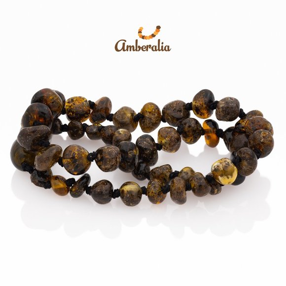 Baby Baltic Amber teething necklace and adjustable bracelet set-  Dark Green - - Picture 10 of 16